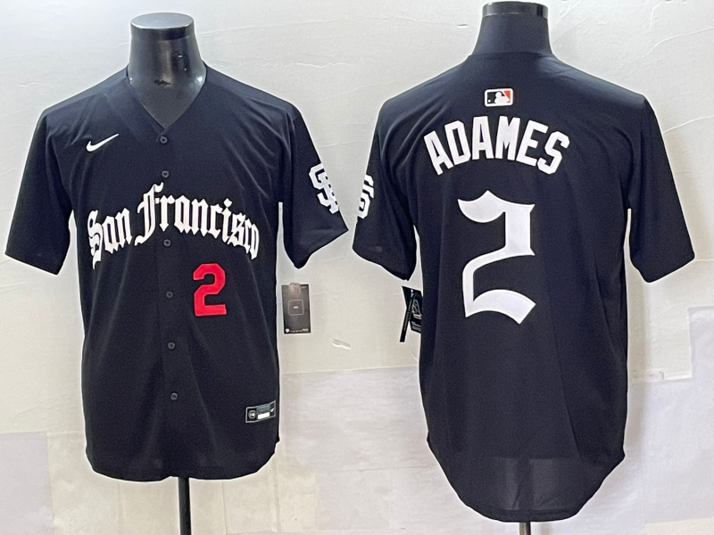 Men 2025 San Francisco Giants 2 Adames Black Five generations Joint Name Nike MLB Jersey style